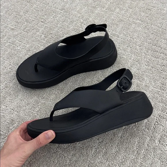 EUC Fitflop F-Mode Leather Flatform Toe-Post back strap Sandals black platform - Picture 4 of 10